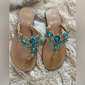 Mystique Blue Jewel Gold Sandal with Women’s Size 8